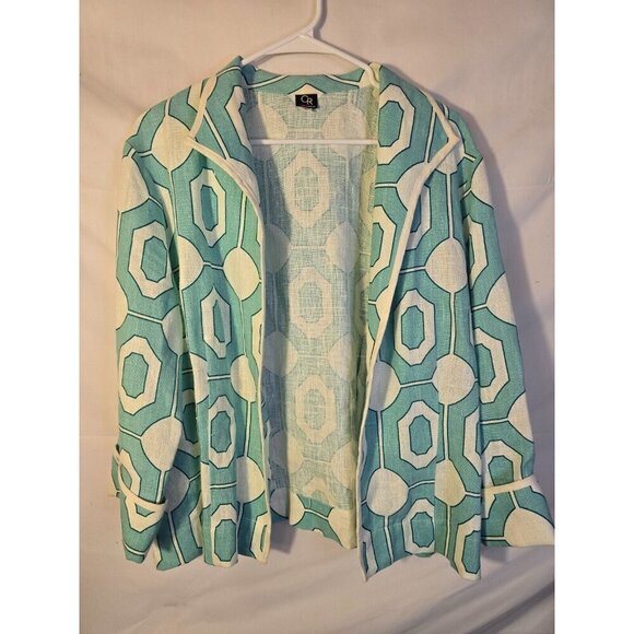 Connie Roberson Blazer Jacket Teal White Career Office Womens Size Large L Linen - Picture 1 of 4